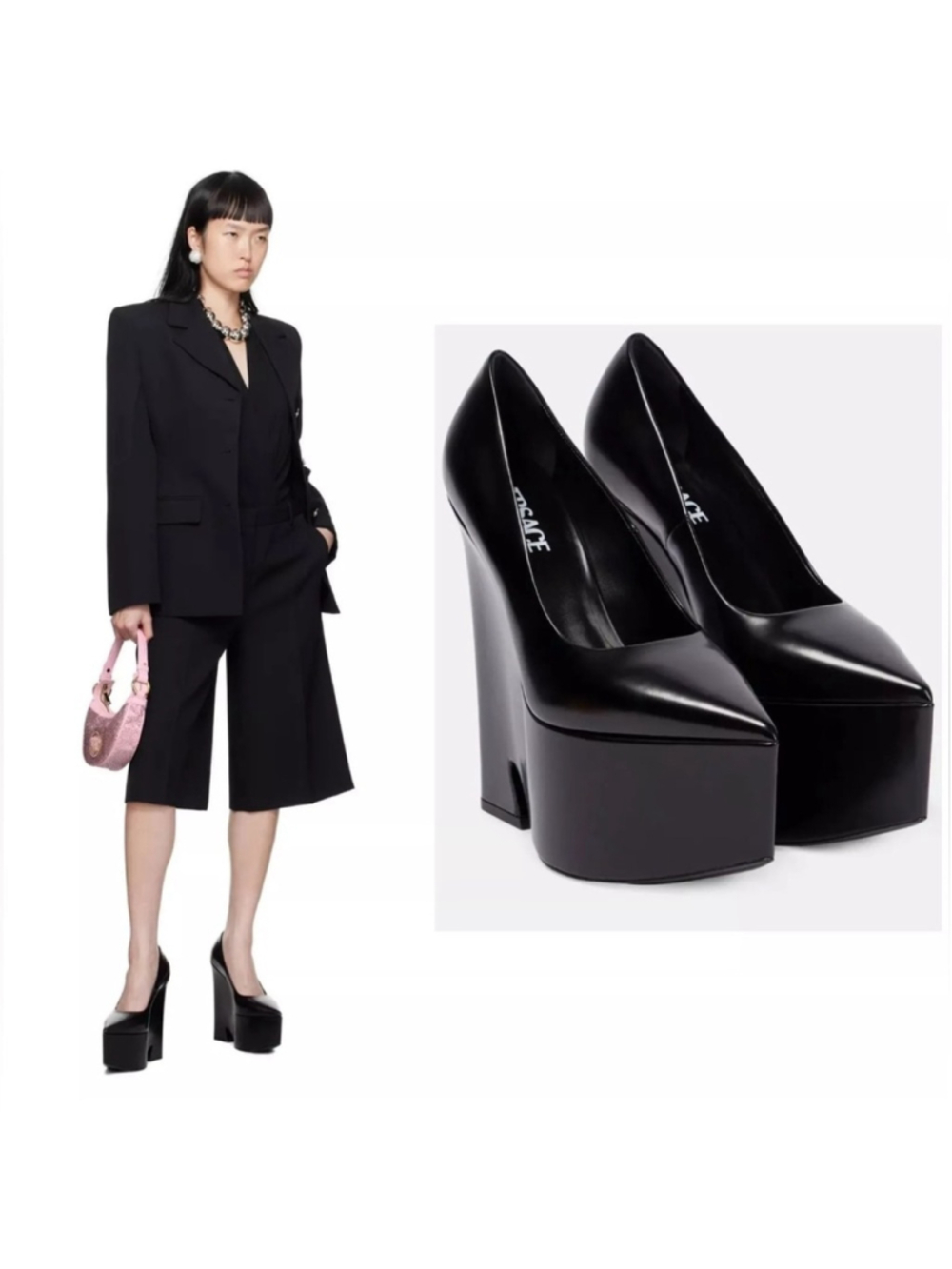 Versace Tempest Platform Pumps Black Ultra High Heels Leather Pointed Toe IT 40